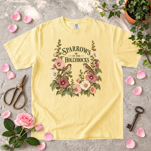 Sparrows in the Hollyhocks T-Shirt