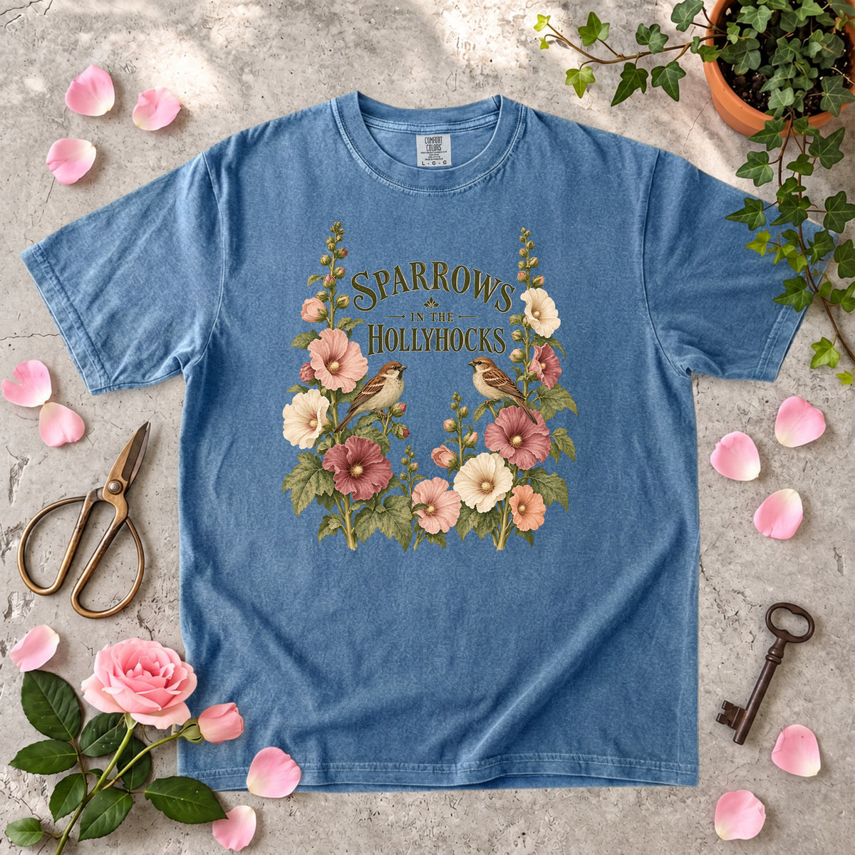 Sparrows in the Hollyhocks T-Shirt