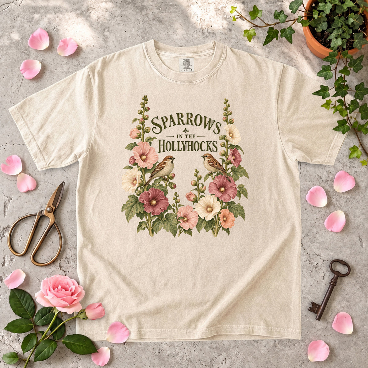 Sparrows in the Hollyhocks T-Shirt